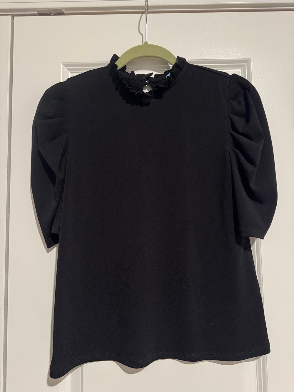 CeCe Black Ruffle Mock Neck Puff Sleeve Blouse